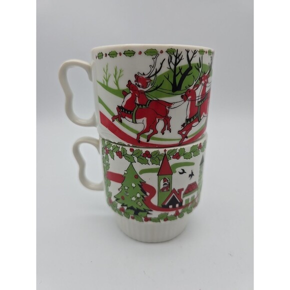 Vintage Mid-Century Christmas Stacking Coffee Cups Mugs B Handle Set of 2 - Picture 10 of 12